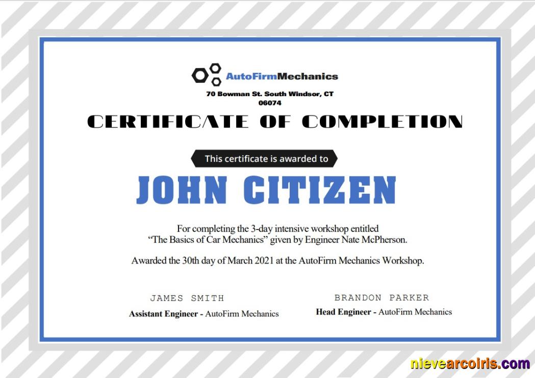 USA Car Workshop Experience Certificate